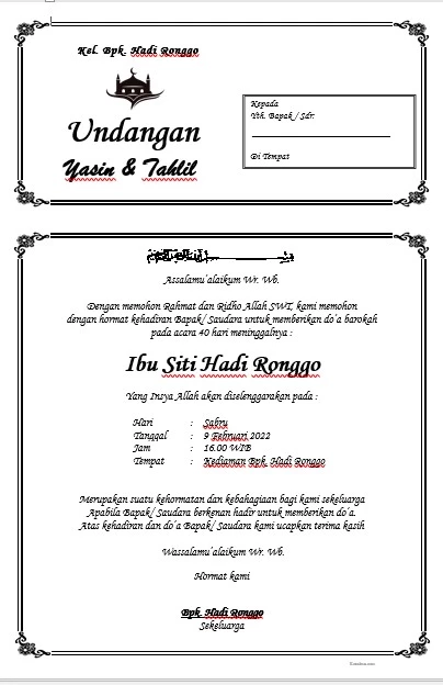 Download File Undangan Tahlil dan Yasin Format DOC Siap Edit