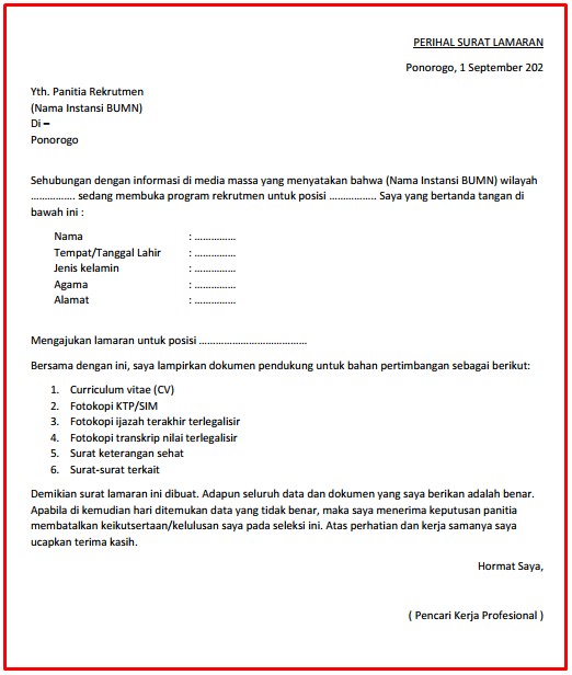 Contoh Surat Lamaran Kerja BUMN - kanalmu