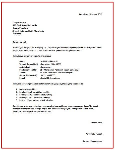 Contoh Surat Lamaran Kerja Bank - kanalmu
