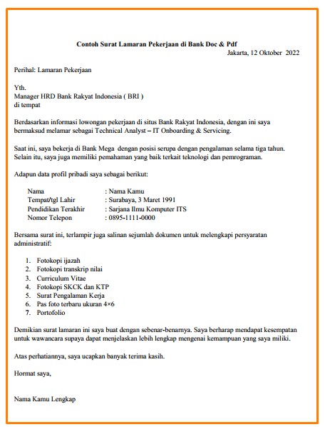 Contoh Surat Lamaran Pekerjaan di Bank - kanalmu