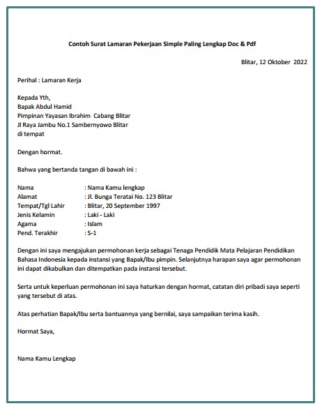 Contoh surat lamaran kerja simple - kanalmu