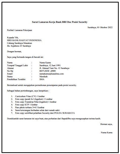 [ Download ] 7 Contoh Surat Lamaran Kerja Bank Bni Doc & Pdf Lengkap