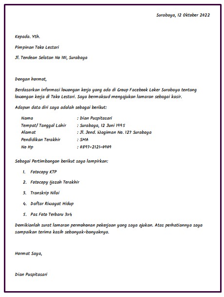 Surat lamaran kerja di toko tulis tangan - kanalmu