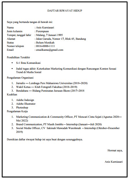 contoh daftar riwayat hidup 2022 - kanalmu