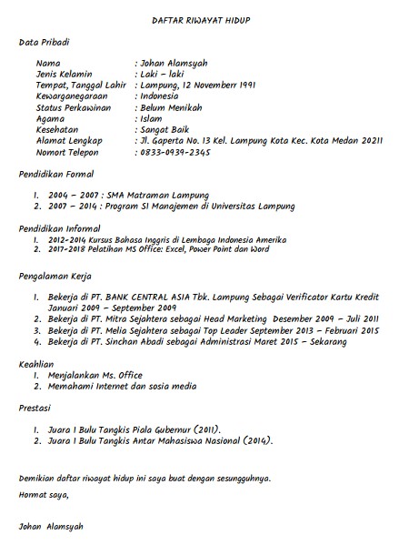 contoh daftar riwayat hidup tulis tangan - kanalmu