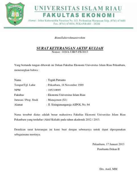 Contoh surat aktif kuliah uir